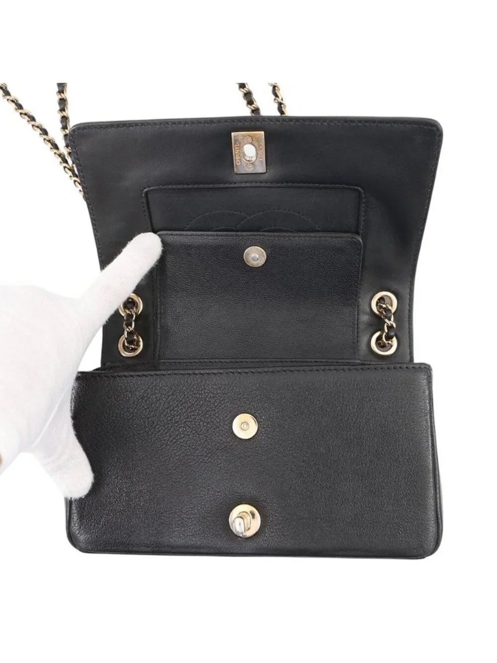 Chanel Chain Shoulder Bag Mademoiselle Stitch Double Flap Leather 2-Way Black